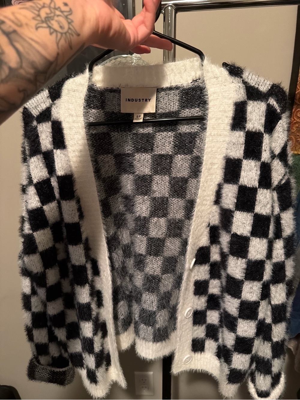 INDUSTRY Black & White Checkered Fuzzy Cardigan Sweater